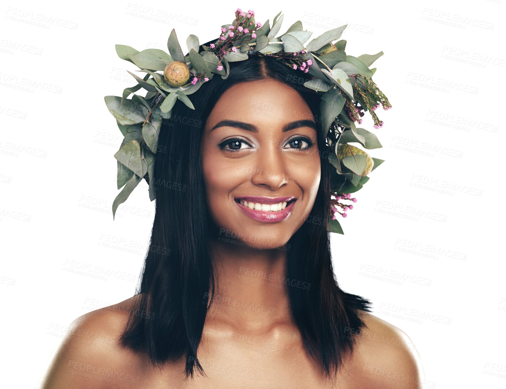 Buy stock photo Flower, crown and portrait of happy woman with skincare, glow or aesthetic on isolated, transparent or png background. Leaf, plant and face of Indian female model with natural cosmetics and wellness 