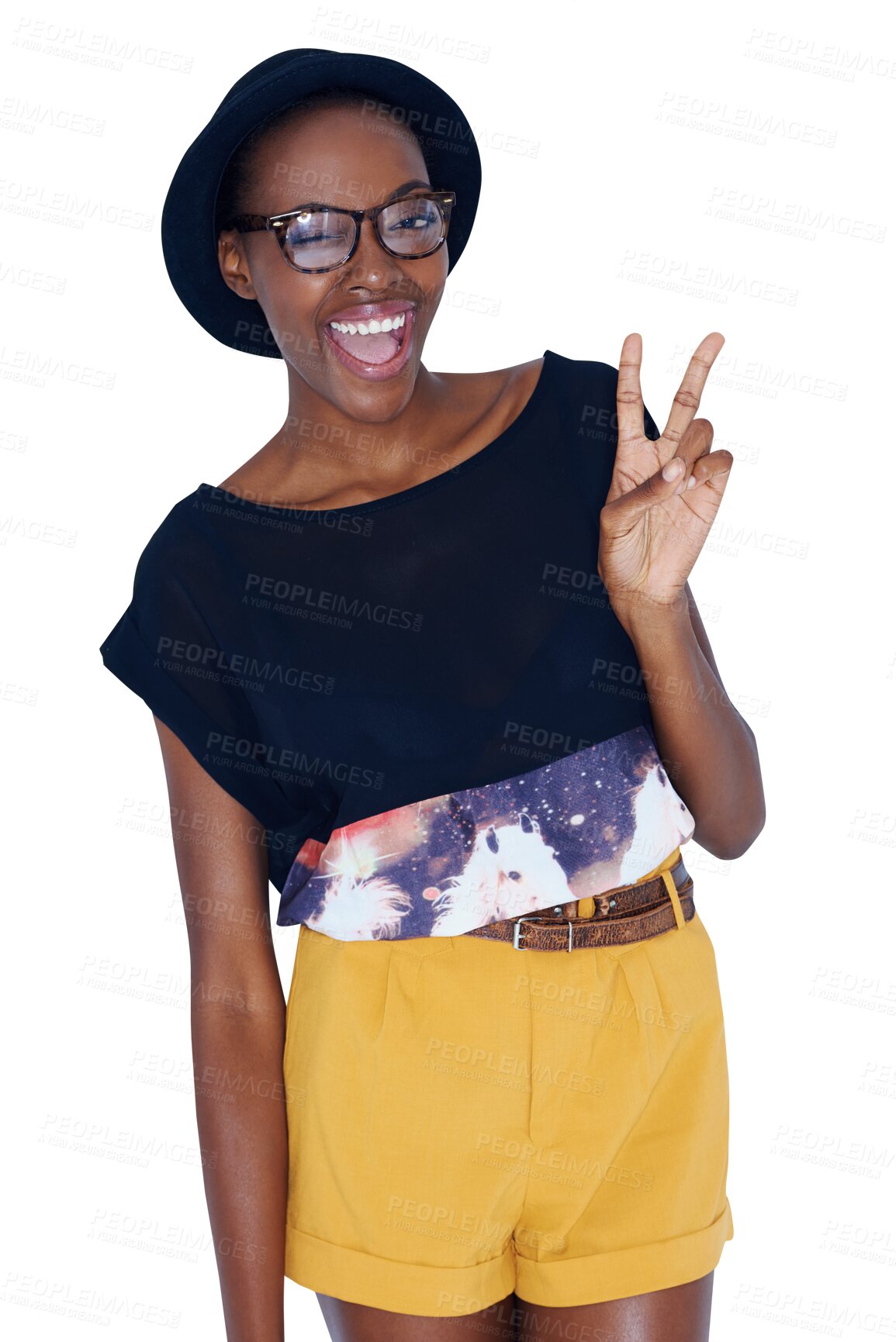 Buy stock photo Portrait, hipster and black woman with peace, sign and funky glasses isolated on transparent background. African person, model or girl with v symbol, hand gesture and happiness with joy, smile or png