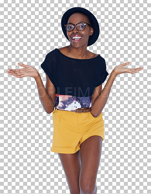 Buy stock photo Portrait, smile and black woman with choice, comparison and doubt isolated on a transparent png background. Excited person in glasses shrug hands at decision, scale balance or palm, why and question