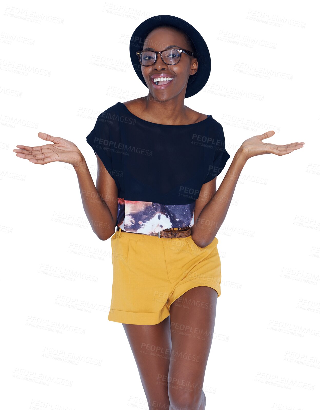 Buy stock photo Portrait, smile and black woman with choice, comparison and doubt isolated on a transparent png background. Excited person in glasses shrug hands at decision, scale balance or palm, why and question