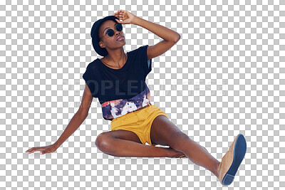 Buy stock photo Hipster, fashion or black woman on floor, smile and stylish outfit isolated on transparent background. African person, model or girl on ground with glasses, casual and png with happiness or relax