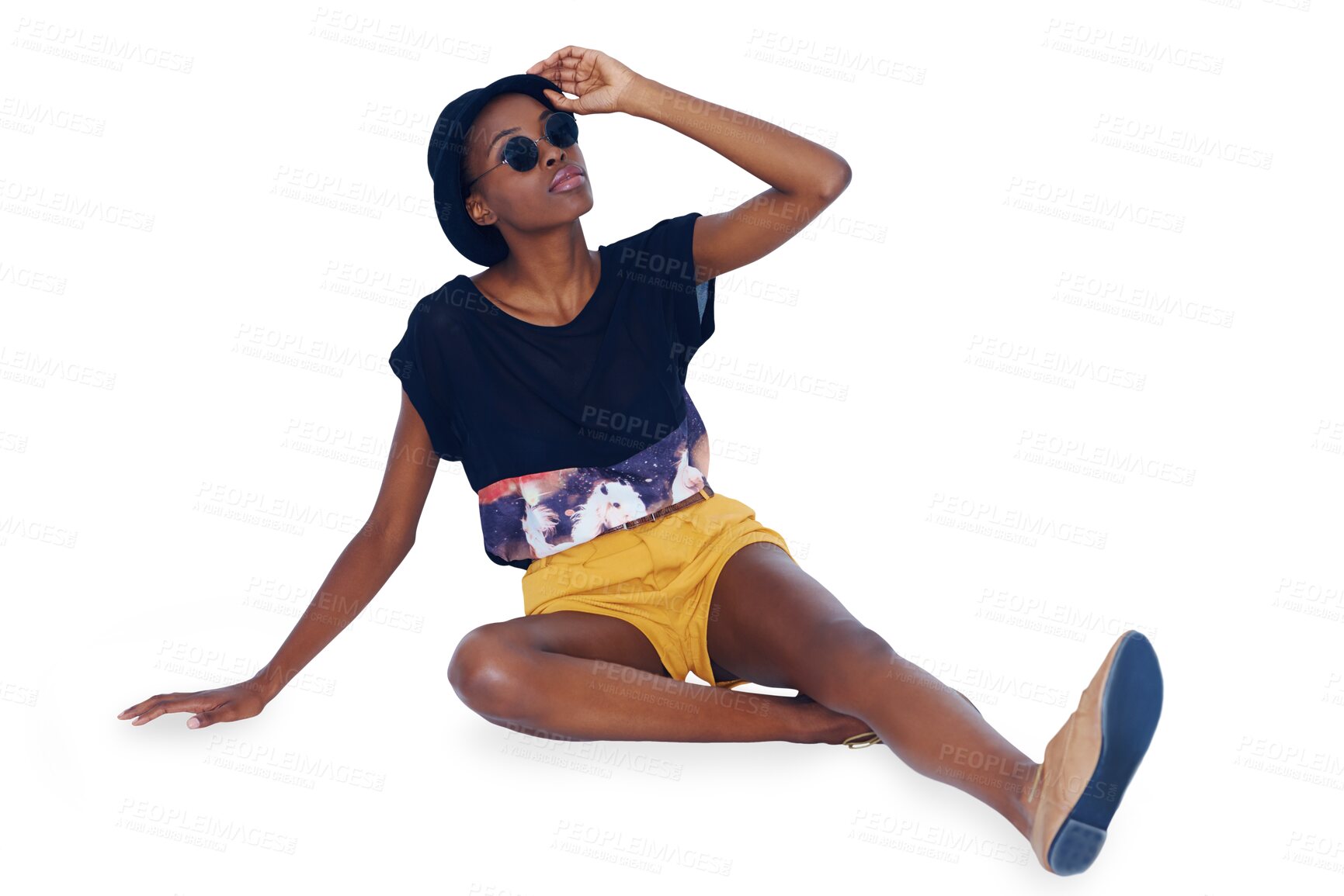 Buy stock photo Hipster, fashion or black woman on floor, smile and stylish outfit isolated on transparent background. African person, model or girl on ground with glasses, casual and png with happiness or relax