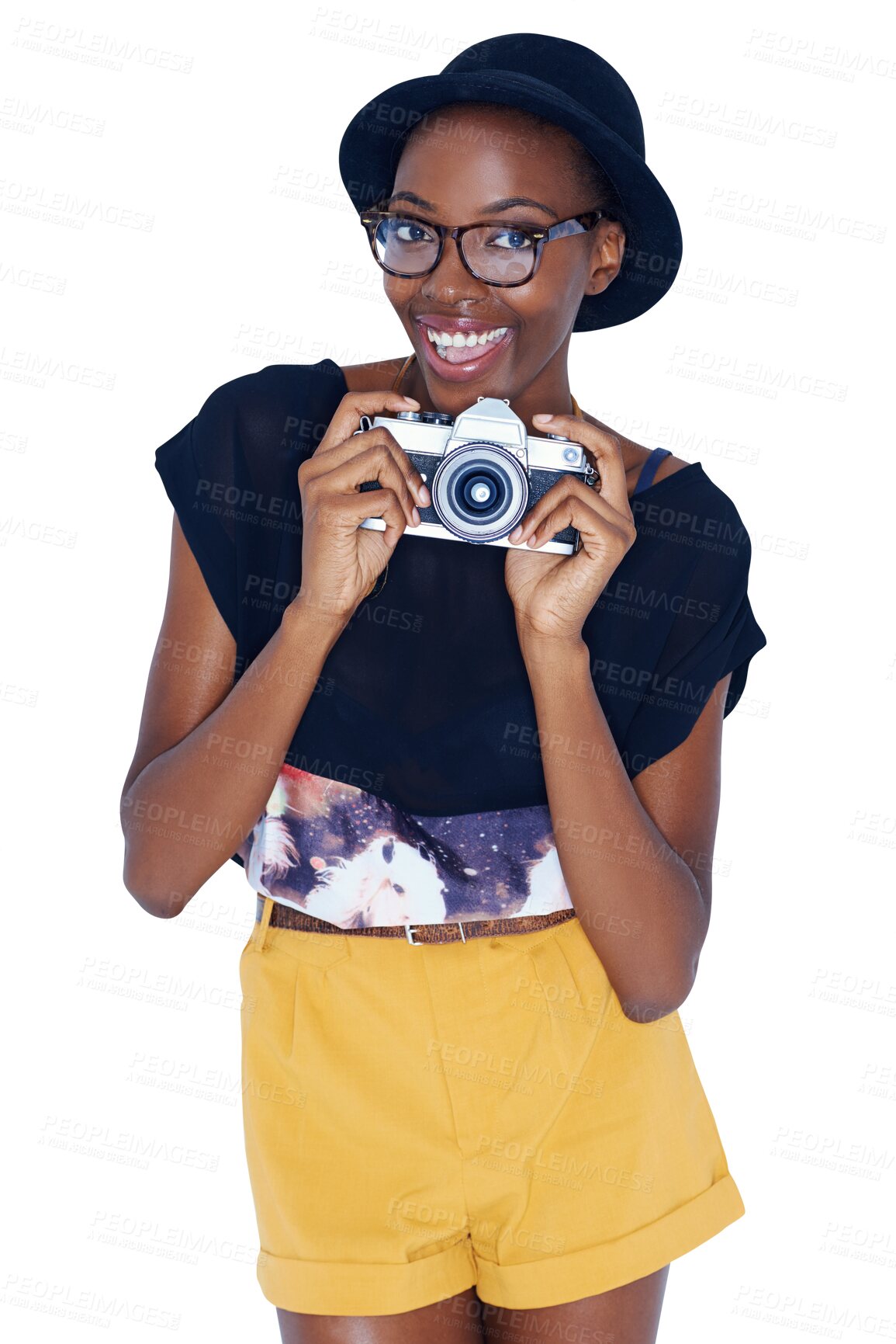 Buy stock photo Black woman, portrait and camera in photography for picture isolated on a transparent PNG background. Face of African female person or photographer in fashion or stylish clothing ready for photograph