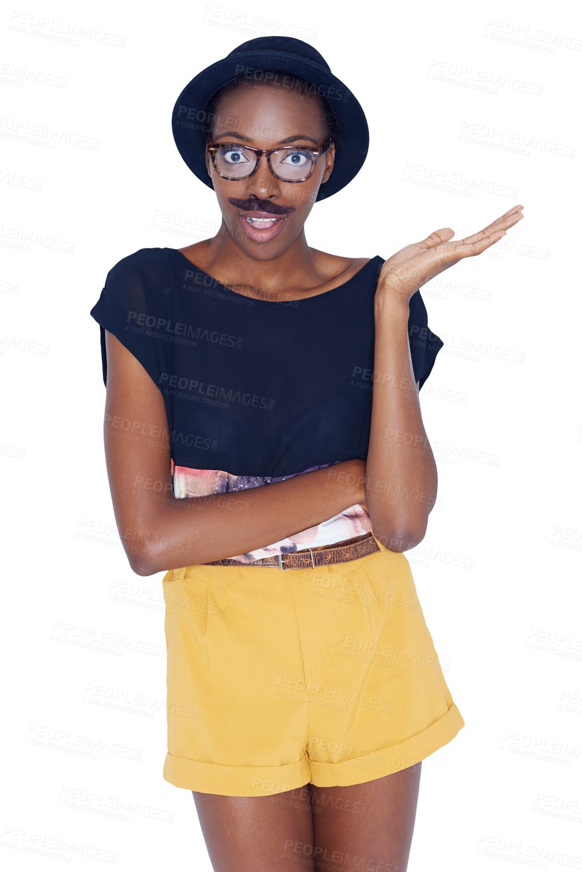 Buy stock photo Portrait, black woman and palm for presentation, surprise and advertising isolated on a transparent png background. Hand, wow and person in glasses marketing choice, promotion offer and fake mustache