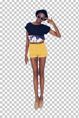 Buy stock photo Black woman, portrait and mind blown in fashion standing isolated on a transparent PNG background. Young African female person, gen z or model posing with gesture, sunglasses or stylish clothing