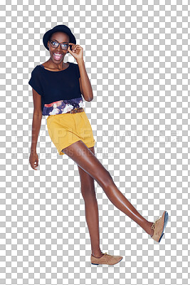 Buy stock photo Happy, fashion and portrait of black woman with glasses on isolated, png and transparent background. Hipster, kick and person with hat, accessory and confident in trendy clothes, outfit and style