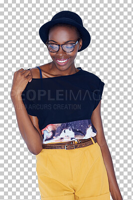 Buy stock photo Happy black woman, fashion and stylish clothing standing isolated on a transparent PNG background. Face of young African female person, gen z or funky model smile for cool glasses or casual style