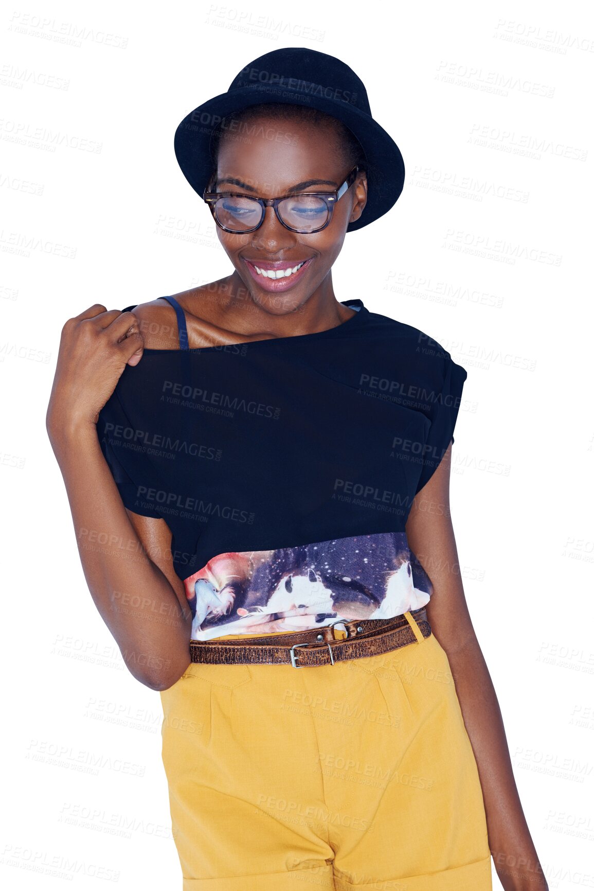 Buy stock photo Happy black woman, fashion and stylish clothing standing isolated on a transparent PNG background. Face of young African female person, gen z or funky model smile for cool glasses or casual style