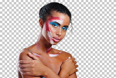 Buy stock photo Woman, portrait and art creative paint for makeup or abstract design or splash, transformation or isolated on transparent png background. Female person, face as unique color, inspiration or editorial