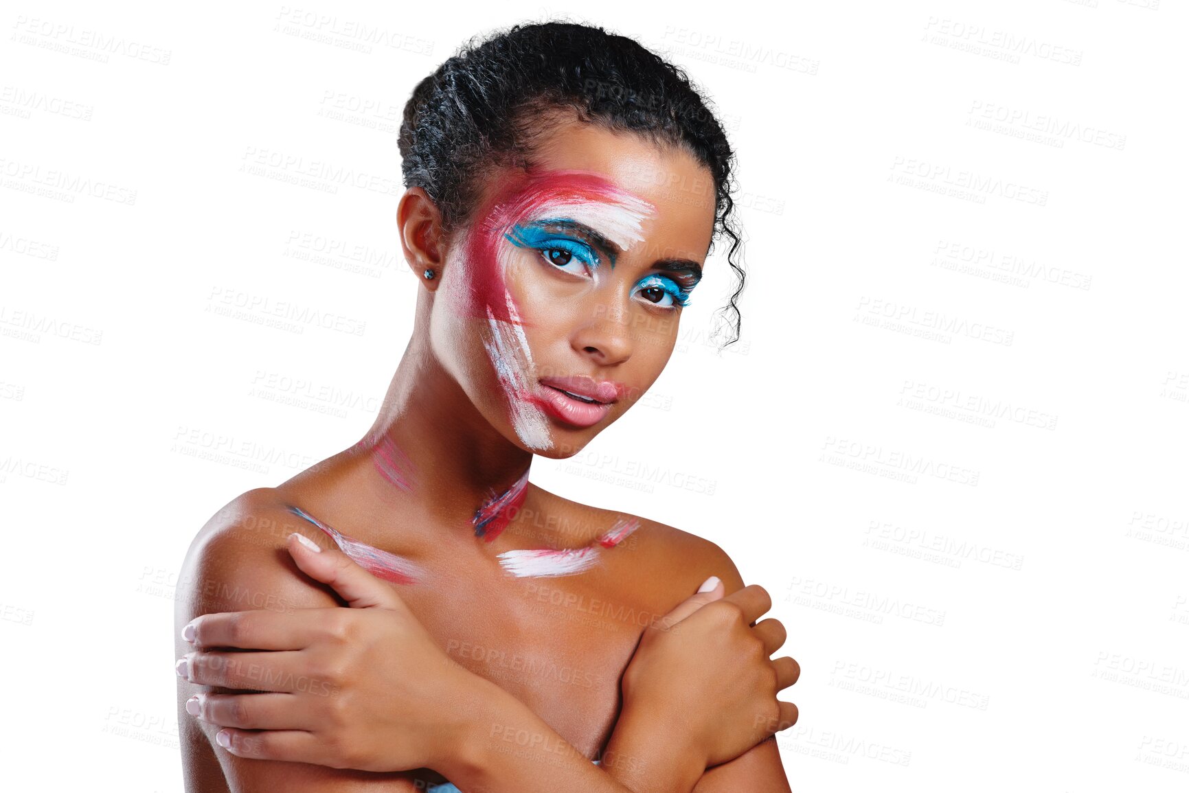 Buy stock photo Woman, portrait and art creative paint for makeup or abstract design or splash, transformation or isolated on transparent png background. Female person, face as unique color, inspiration or editorial