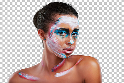 Buy stock photo Woman, portrait and paint art for cosmetic makeup or abstract design, creative or isolated on transparent png background. Female person, face and unique color for expression, inspiration or editorial