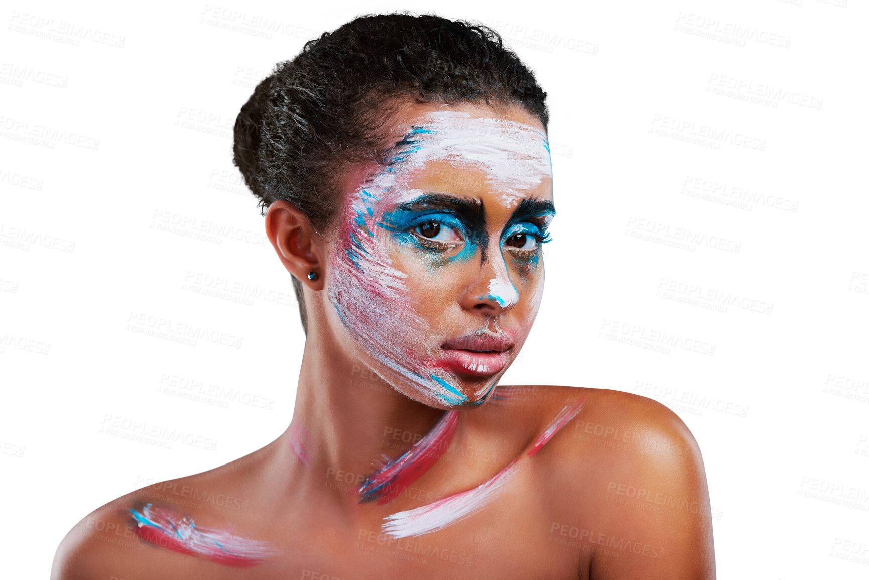 Buy stock photo Woman, portrait and paint art for cosmetic makeup or abstract design, creative or isolated on transparent png background. Female person, face and unique color for expression, inspiration or editorial