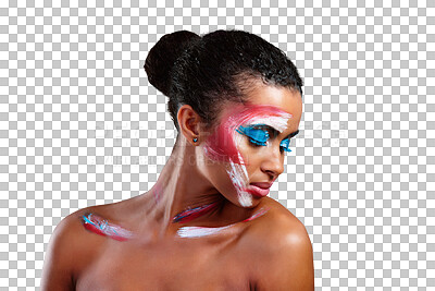 Buy stock photo Woman, art paint and makeup pattern or abstract design for cosmetic, creative or isolated on transparent png background. Female person, face as unique color or expression, inspiration for editorial