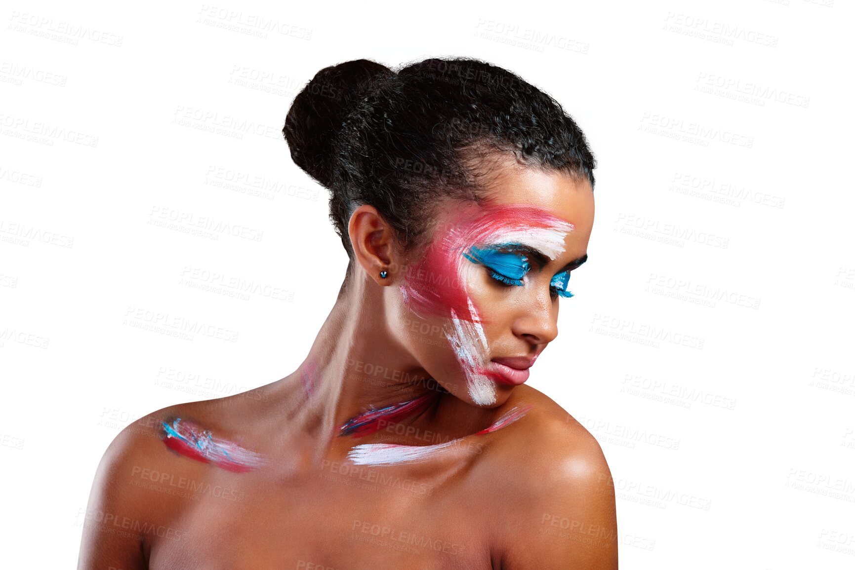 Buy stock photo Woman, art paint and makeup pattern or abstract design for cosmetic, creative or isolated on transparent png background. Female person, face as unique color or expression, inspiration for editorial