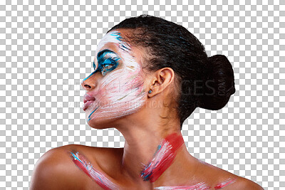 Buy stock photo Woman, art and paint or makeup abstract for design cosmetic, creative or isolated on transparent png background. Female person, face as unique color pattern or editorial, inspiration for expression