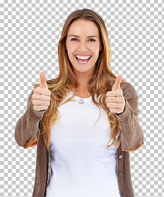 Buy stock photo Happy woman, portrait and thumbs up for good job or winning isolated on a transparent PNG background. Female person or model smile with like emoji, yes sign or OK for approval, success or thank you