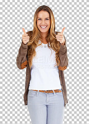 Buy stock photo Happy woman, portrait and thumbs up for success or winning isolated on a transparent PNG background. Female person or model smile with like emoji, yes sign or OK for approval, good job or thank you