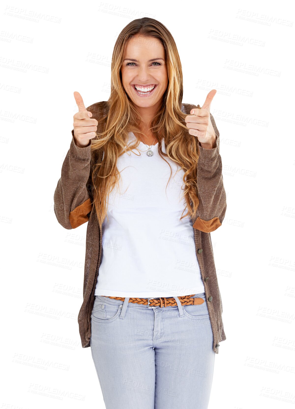 Buy stock photo Happy woman, portrait and thumbs up for success or winning isolated on a transparent PNG background. Female person or model smile with like emoji, yes sign or OK for approval, good job or thank you