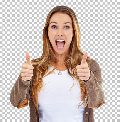 Buy stock photo Excited woman, portrait and thumbs up for good job or winning isolated on a transparent PNG background. Female person or model smile with like emoji, yes sign or OK for approval, success or thank you