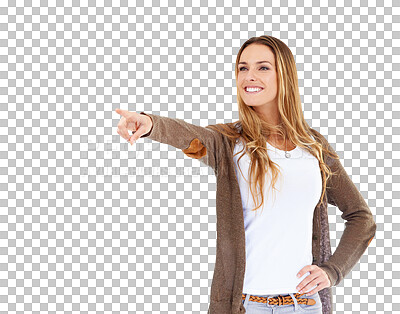Buy stock photo Smile, happy woman or pointing at direction offer, discount information or show sales announcement. Opportunity coming soon, advertisement presentation or girl isolated on transparent, png background