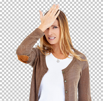 Buy stock photo Portrait, fail and woman with stress, mistake and burnout isolated on a transparent background. Face, person and model with doubt, anxiety and emoji with crisis, hand on head and frustrated with png