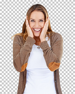Buy stock photo Portrait, surprise and woman with wow, gossip and promotion isolated on a transparent background. Face, person and model with expression, shocked and reaction with omg, png and excited with news