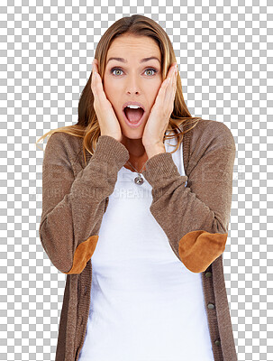 Buy stock photo Portrait, surprise and woman with wow, news and promotion isolated on a transparent background. Face, person and model with expression, shocked and reaction with omg, png and excited with emotion