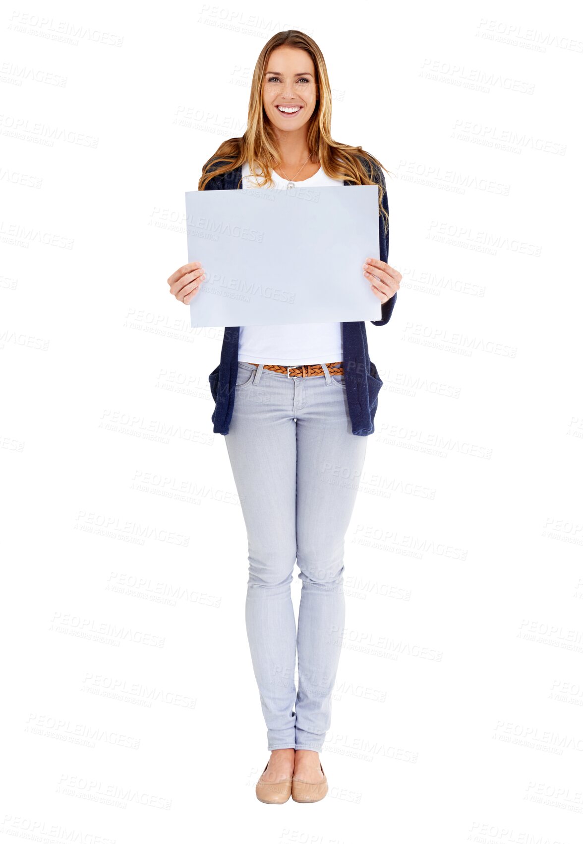 Buy stock photo Happy woman, portrait and billboard for advertising or marketing isolated on a transparent PNG background. Female person or model smile with poster or sign in message, notification or alert on mockup