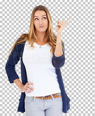 Buy stock photo Commercial, woman and pointing up at direction offer, discount information and show sales announcement. Notification, service choice and advertisement girl isolated on transparent, png background