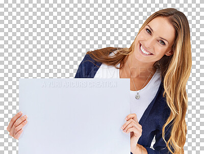 Buy stock photo Portrait, woman and poster with announcement, information and smile isolated on a transparent background. Face, person and mode; with a banner, paper and board with png, feedback and mockup space