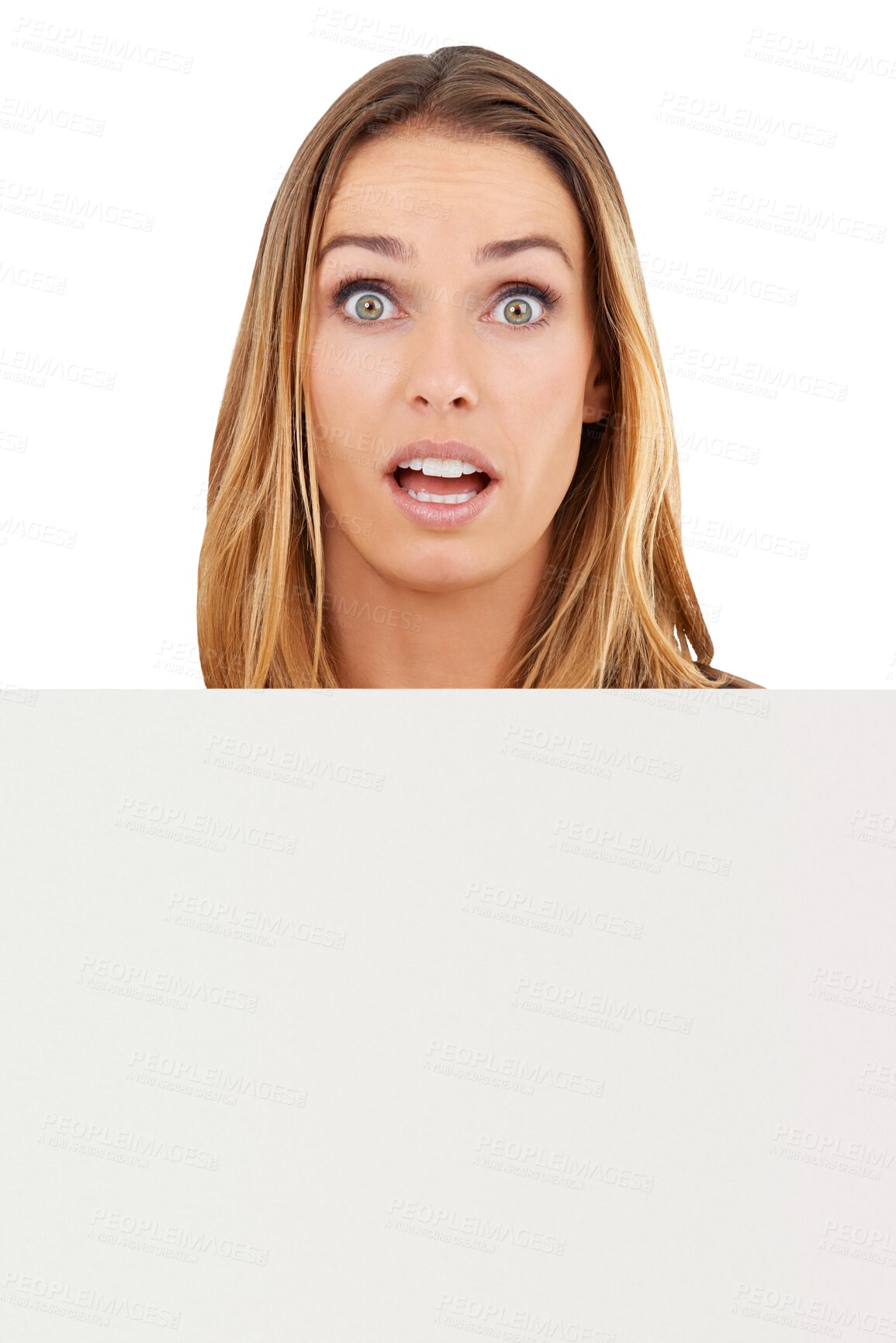 Buy stock photo Portrait, woman and surprise with poster sign for advertising space, promotion and crazy sales offer isolated on transparent png background. Announcement, board and wow face for mockup, news and deal