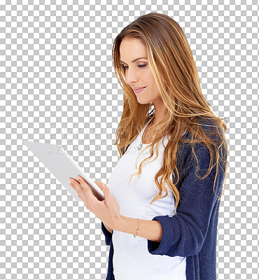 Buy stock photo Internet, smile and woman with a tablet, typing and connection isolated on transparent background. Digital app, person and model with technology, social media and user with website information or png