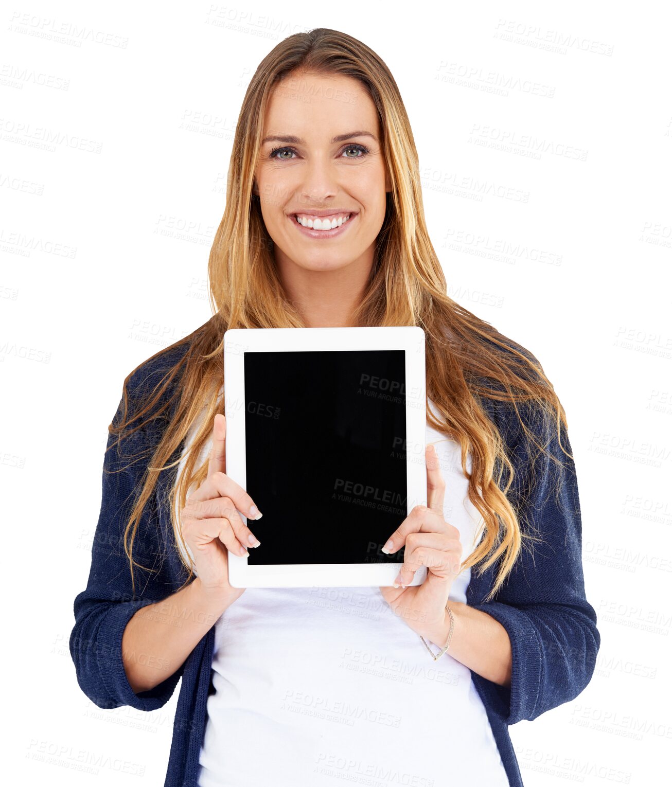 Buy stock photo Portrait of happy woman, tablet and screen isolated on transparent png background for website promo. Smile model, mockup and digital app for online technology, application and internet announcement.