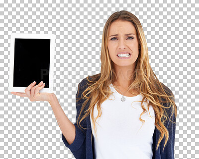 Buy stock photo Portrait, blank tablet screen and woman problem, stress and grimace over advertising crisis, wrong info or promo disaster. Mockup error, bad news and model isolated on transparent, png background