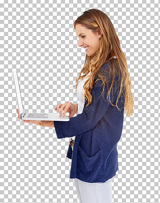 Buy stock photo Typing, smile and woman with a laptop, internet and connection isolated on a transparent background. Happy, person and model with a pc, technology and email with website information, app and png