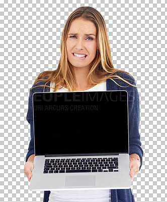 Buy stock photo Portrait, blank laptop screen and woman problem, stress and grimace over advertising crisis, info or connection fail. Mockup error, website and nervous girl isolated on transparent, png background
