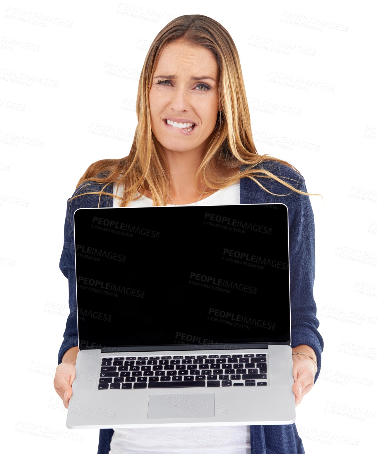 Buy stock photo Portrait, blank laptop screen and woman problem, stress and grimace over advertising crisis, info or connection fail. Mockup error, website and nervous girl isolated on transparent, png background