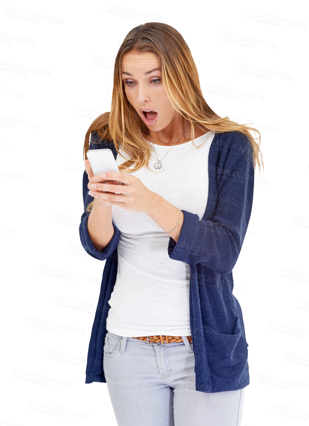 Buy stock photo Surprise, wow and woman in shock with smartphone notification of fake news, reading announcement or isolated on transparent png background. Crazy feedback, omg or alarm of social media post on mobile