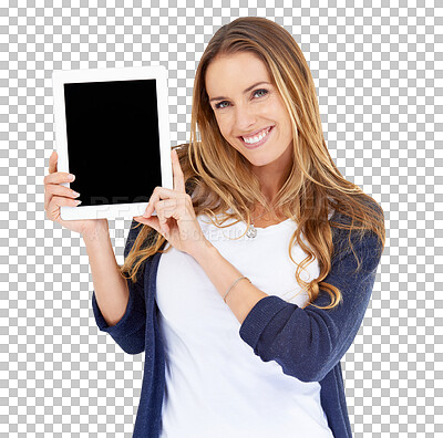 Buy stock photo Portrait of happy woman, tablet screen and presentation isolated on transparent png background for web. Female model, mockup or digital app for online technology, application or internet announcement