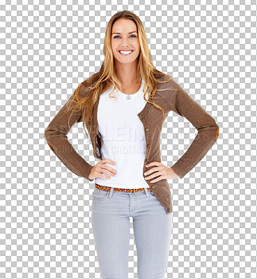 Buy stock photo Fashion, happy and portrait of woman with confidence on isolated, png and transparent background. Smile, hands on hips and person with positive attitude in trendy clothes, casual outfit and pride