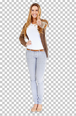 Buy stock photo Thumbs up, portrait and woman with smile for success, winning achievement or celebrate deal isolated on transparent png background. Emoji, like sign and yes for feedback, thank you icon or excellence