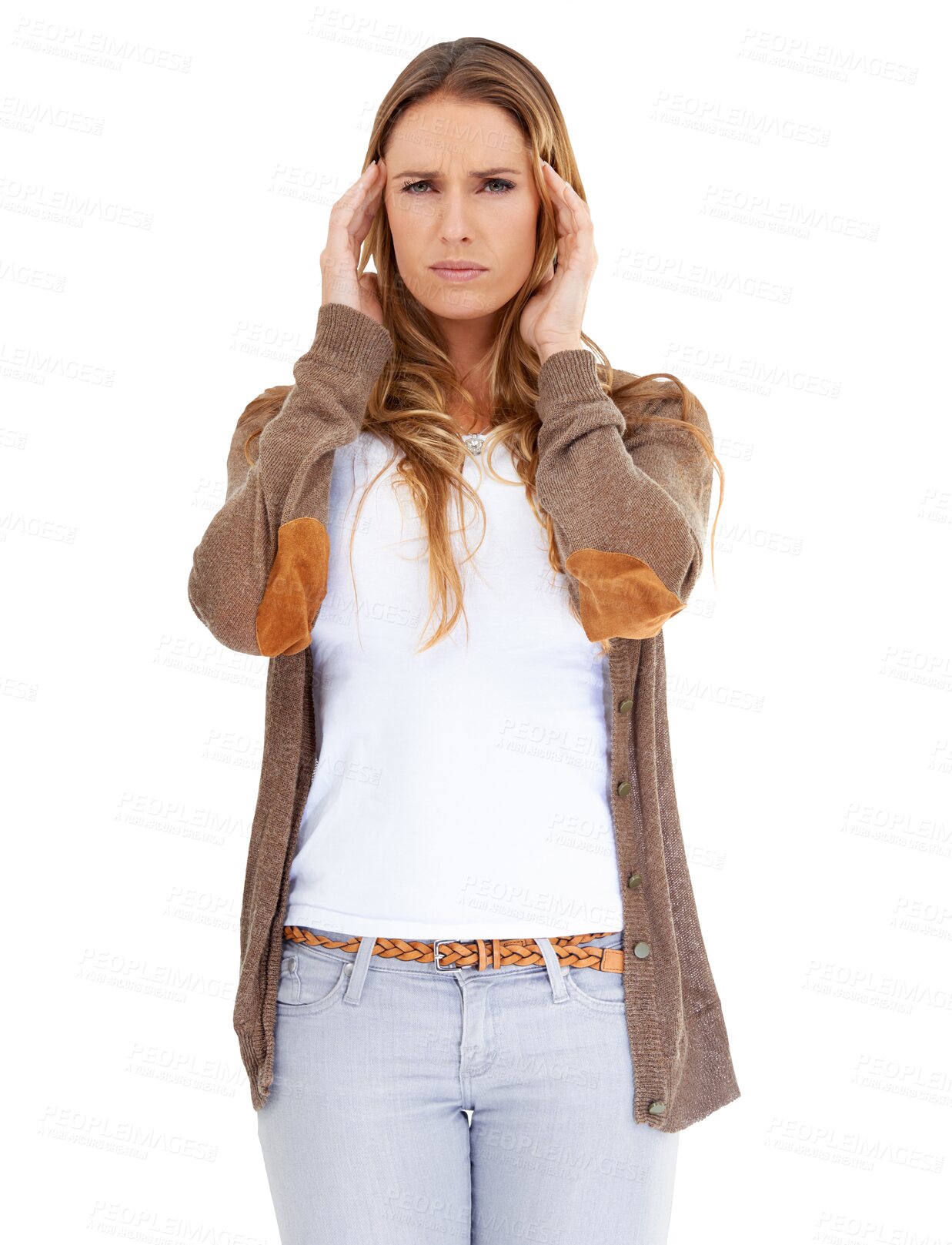 Buy stock photo Headache, portrait and woman with stress, pain and mental health isolated on transparent png background. Frustrated model with vertigo, crisis and tired of migraine, burnout and fatigue of brain fog 
