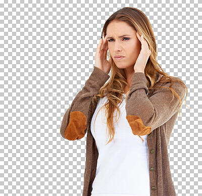 Buy stock photo Headache, sick and woman with stress, pain or mental health isolated on transparent png background. Frustrated model thinking of crisis, vertigo and tired of migraine, burnout or fatigue of brain fog