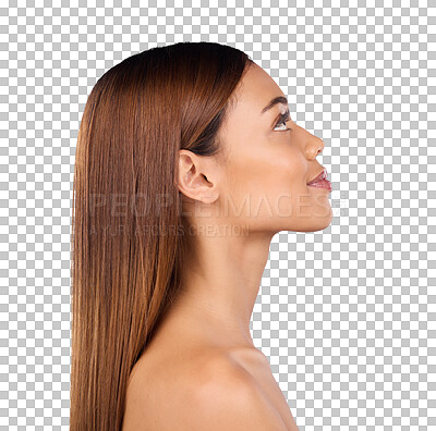 Buy stock photo Beauty, hair care and face profile of woman on isolated, png and transparent background for spa. Skincare, salon aesthetic and person looking up with keratin treatment, healthy texture and cosmetics