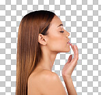 Skincare, beauty and profile of hispanic woman in studio for skin or lip care promo on blue background. Makeup, facial and cosmetics, face of model from Brazil for dermatology or lipstick and mockup.