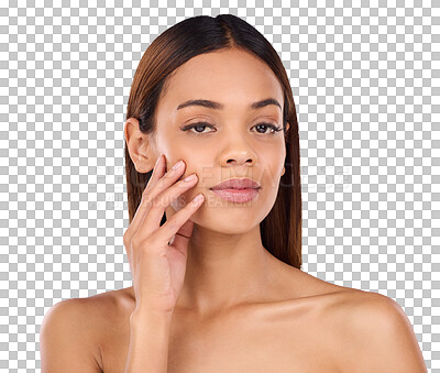 Buy stock photo Skincare, makeup and portrait of woman for beauty with smooth clear skin, cosmetics and facial treatment. Serious, natural face and isolated person for dermatology on png or transparent background