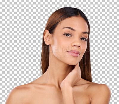 Buy stock photo Beauty, skincare and portrait of woman with cosmetics on isolated, png and transparent background. Dermatology, salon aesthetic and face of person with facial treatment, wellness and healthy skin