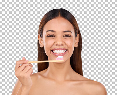 Buy stock photo Isolated woman, bamboo toothbrush and portrait with smile for dental wellness by transparent png background. Girl, model and clean mouth with sustainable toothpaste, wood brush and teeth whitening