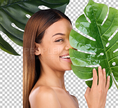 Buy stock photo Isolated woman, portrait and skincare with leaves by eye, natural beauty or healthy by transparent png background. Girl, model and smile on face for sustainable cosmetics, monstera plants and privacy