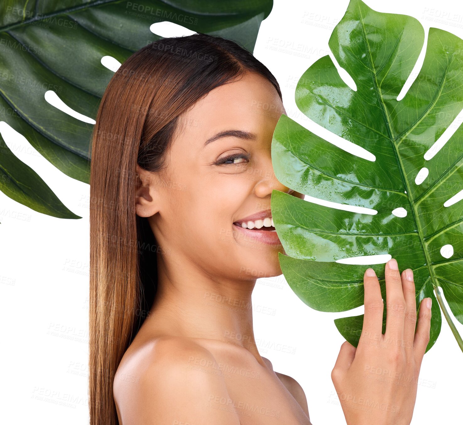 Buy stock photo Isolated woman, portrait and skincare with leaves by eye, natural beauty or healthy by transparent png background. Girl, model and smile on face for sustainable cosmetics, monstera plants and privacy